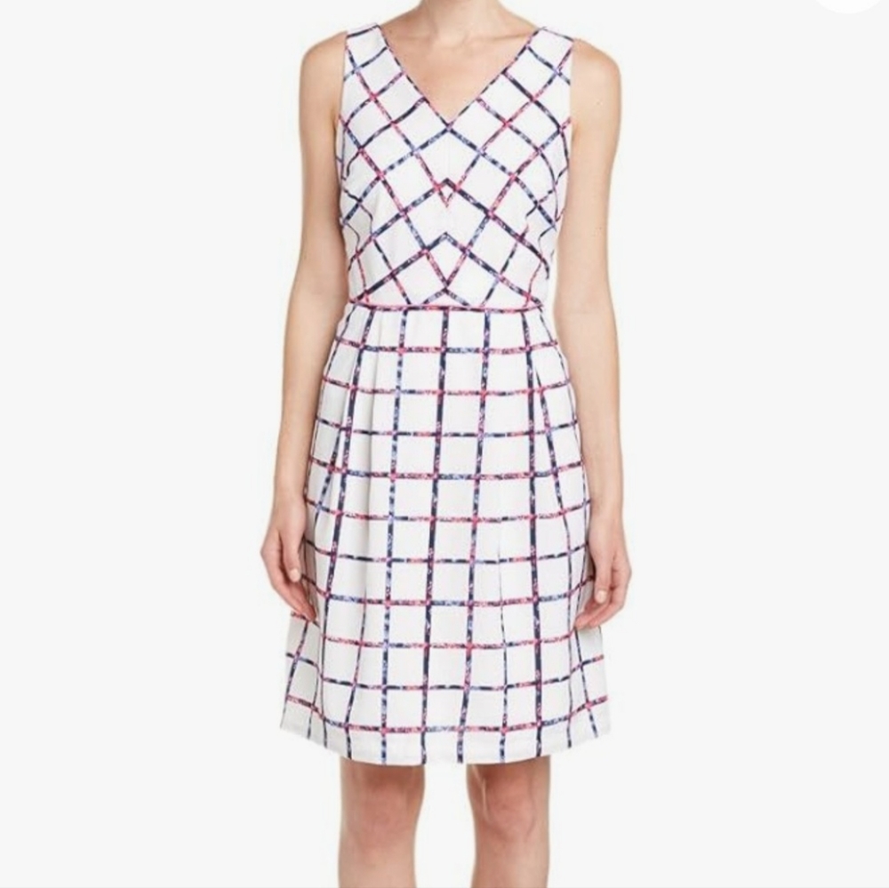 Donna Ricco Windowpane Design White Pink Blue Fit Flare Pleated Dress Size 8
